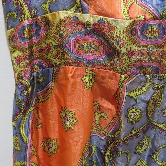 VINTAGE BARD'S TORONTO 1970s Paisley Satin Maxi Dress Multicolor Retro Boho - Picture 10 of 15